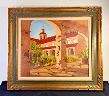 Barbara Wheeler Landscape Oil Painting - Large Spanish Mission Church Courtyard