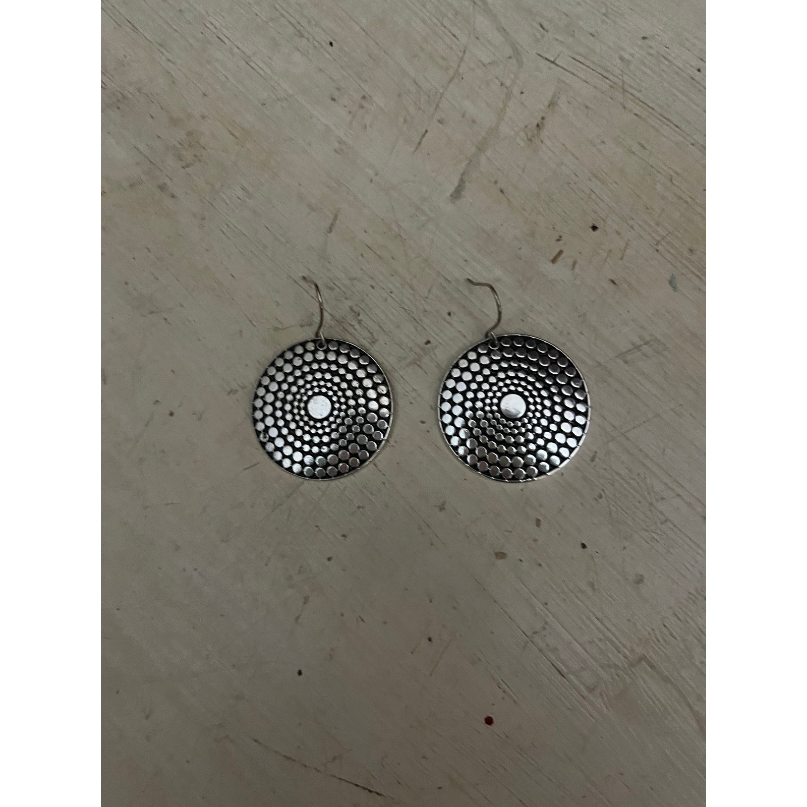 Silver Tone Round Disc Patterned Dangle Earrings - image 2