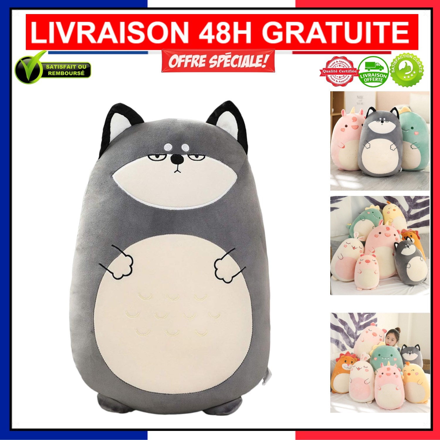 Doudou dinosaure husky peluche oreiller 45 cm compagnon rassurant enfant
