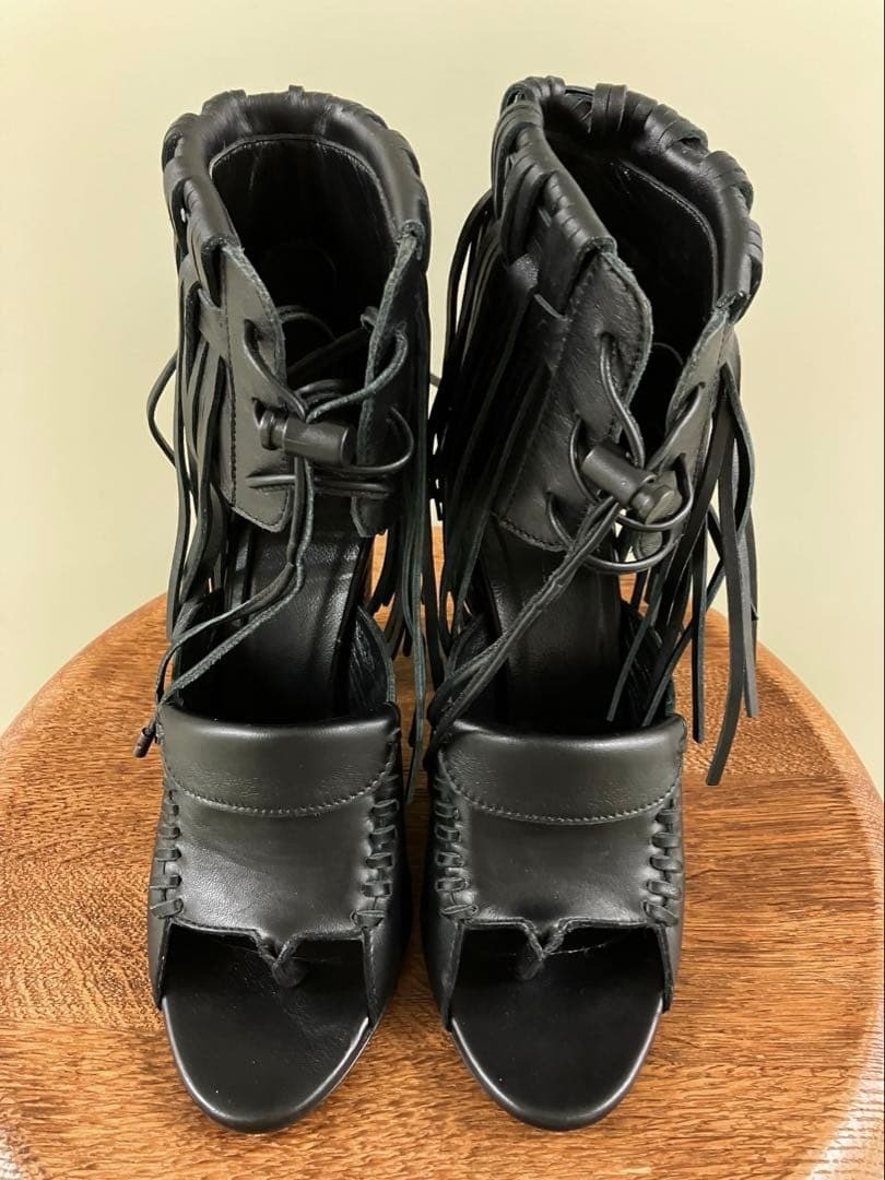 DIESEL BLACK GOLD Black Leather Fringe Chunky Heel Boots Sandals Size 37 Japan thumbnail 11