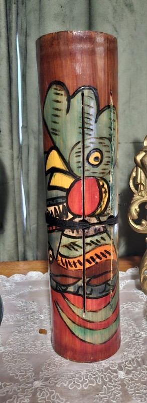 Vintage Folk Art Log Drum Wooden Tongue Slit Drum Talking Instrument Bird Moon