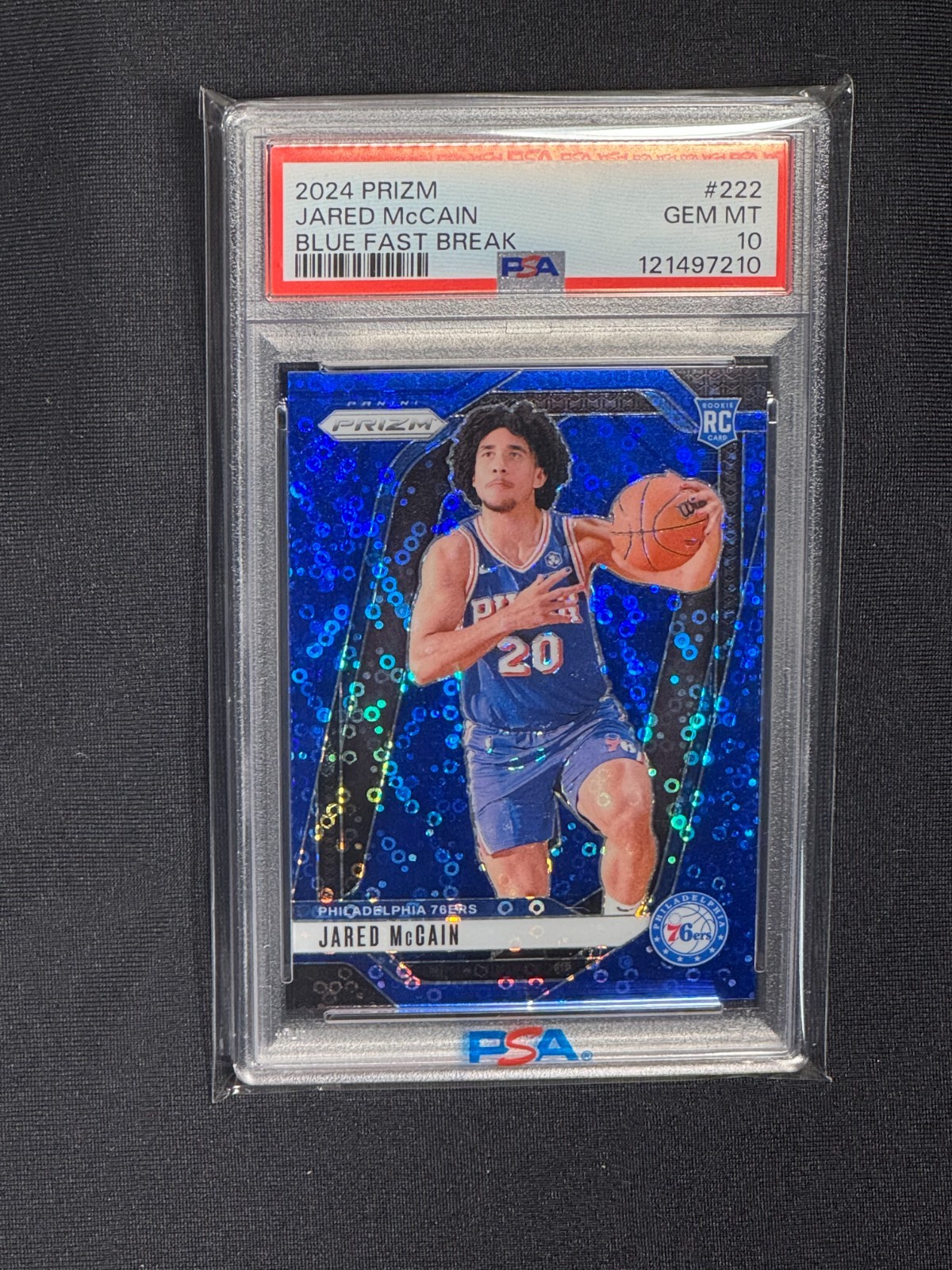 2024-25 Panini Prizm Jared McCain Blue Fast Break Prizm /150 PSA 10 RC #222