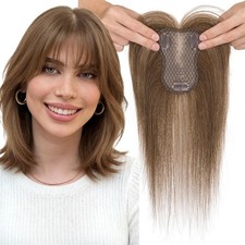 MY-LADY Human Hair Toppers for Women Real Human Hair with Air Bangs Hand-Tied Th