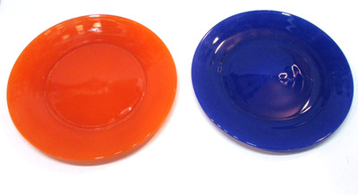 Two Vintage 1960's Unidentified Brand Orange Dark Blue Glass 9'' Dinner Plates