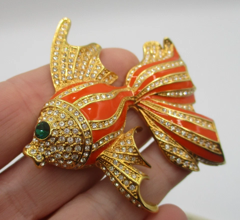 Broche CAMROSE & KROSS JACQUELINE KENNEDY GOLDFISH ESMALTE DIAMANTES DE IMITACIÓN ~ SIN USAR, EN CAJA con certificado de autenticidad Foto 3 de 4