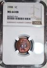 NGC MS-64 RB 1908 Indian Head Cent, Beautifully Toned, Red-Brown specimen!