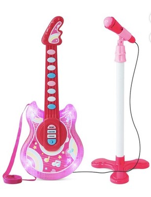 Best Choice Kids GUITAR Pretend Musical Instrument 19'' Toy w/ Mic, Stand PINK .