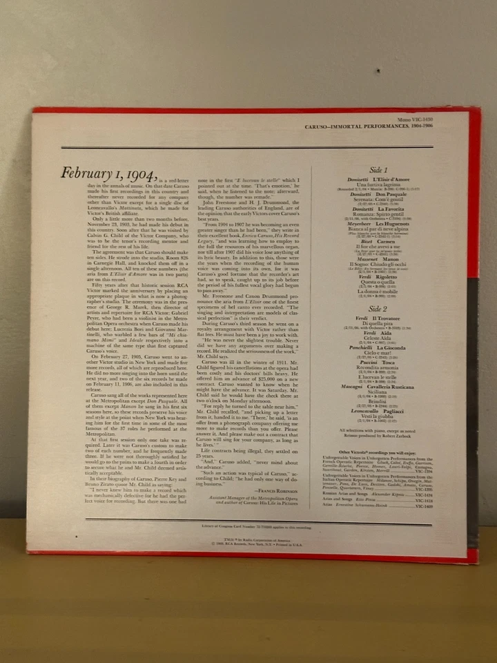 Enrico Caruso, Immortal Performances 1904-1906, (LP, Comp, Mono), NM or M- - Image 2 of 2