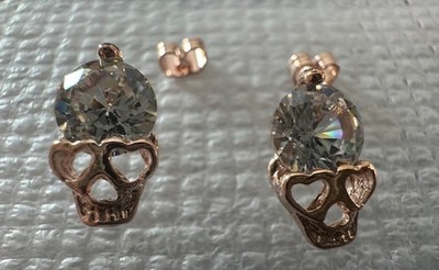 Rose gold tone SKULL earrings w/heart eyes, delicate grunge~ MIP