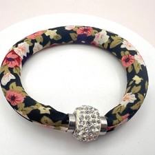 Vintage 90s Floral Fabric Bangle Bracelet Glass Rhinestone Charm Classic Jewelry