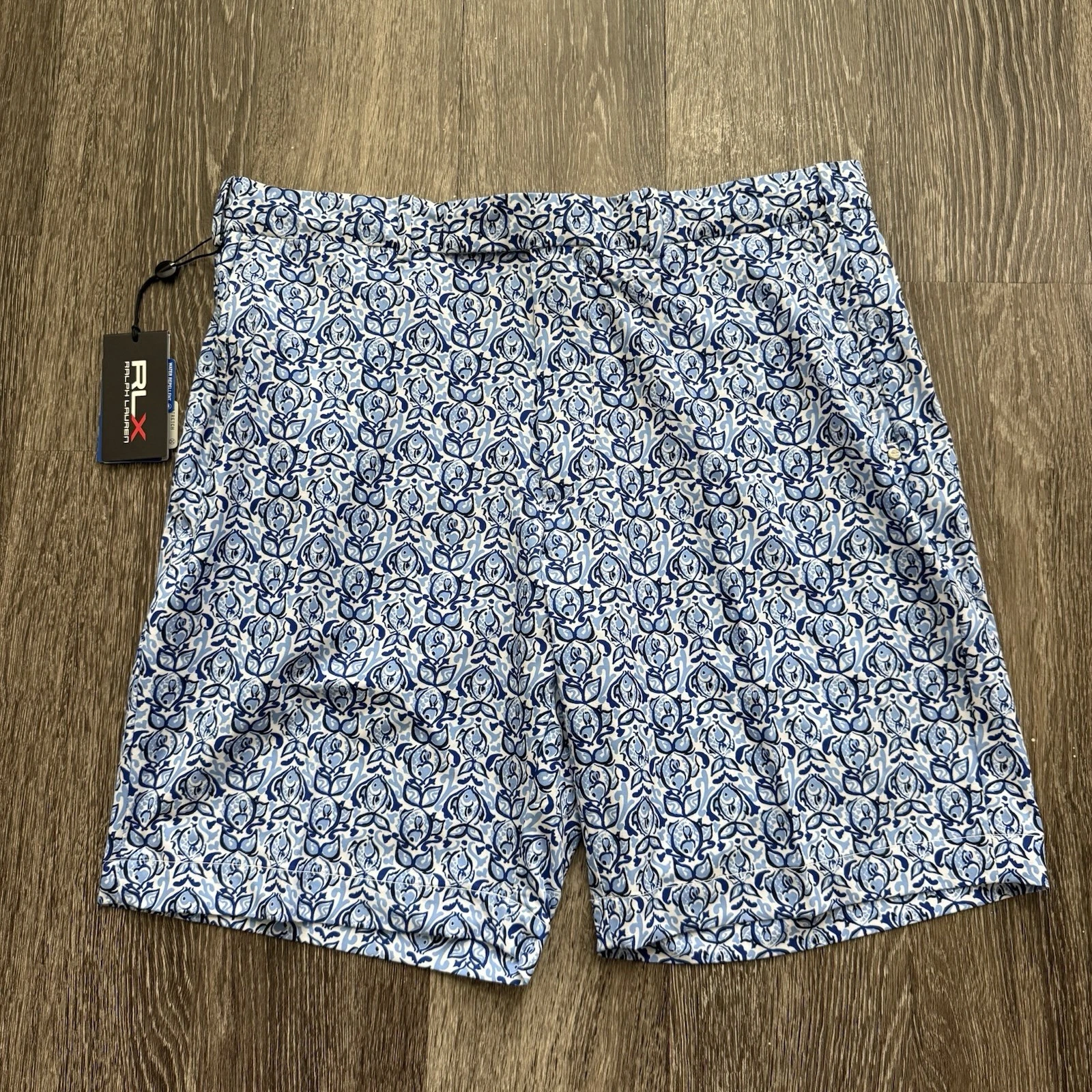 RLX Ralph Lauren Shorts Men's 36 Performance Golf Fish Print Blue Flat Front NWT