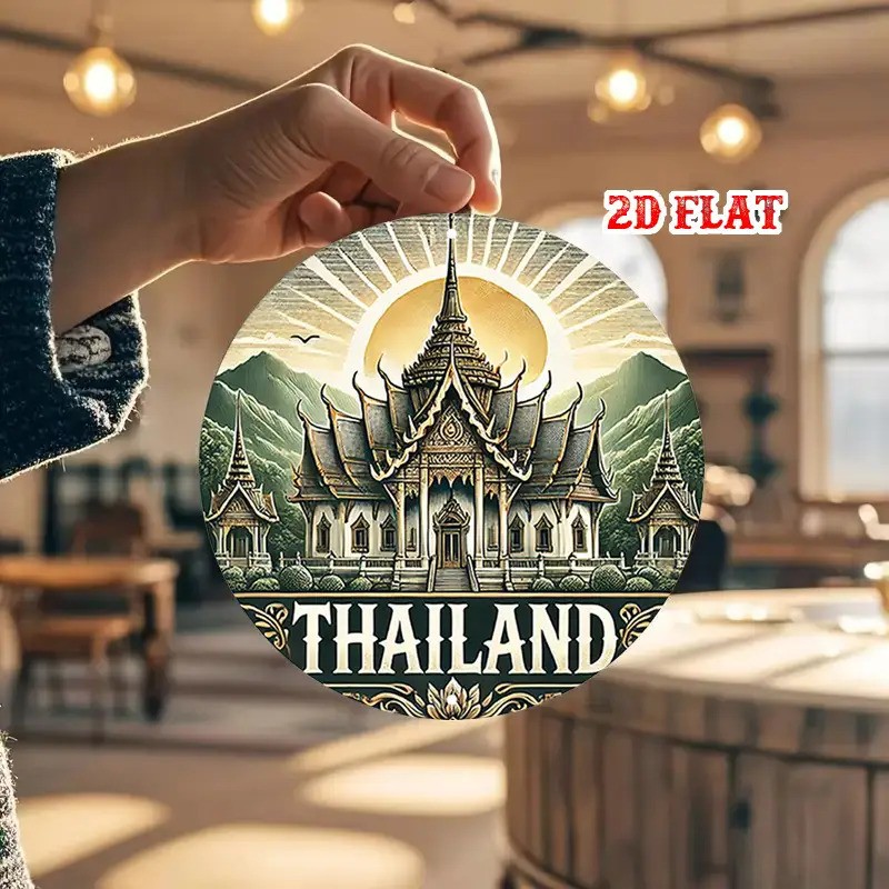 Thai Temple Landscape Vintage Aluminum Sign Golden Sunrise