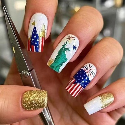 24x Stripe Press On Nail Long Square on Nail Independence Day False Nail