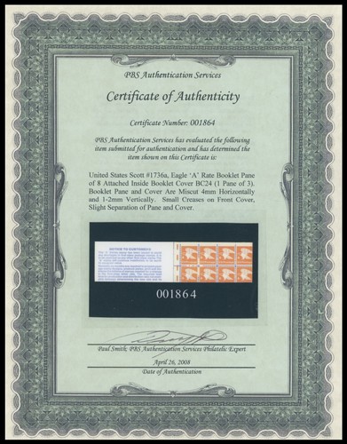 1978, USA EAGLE RATE A (15C) BOOKLET PANE W/MISPERF, CERTIFICATE, NH, SC.#1736a - Picture 3 of 3