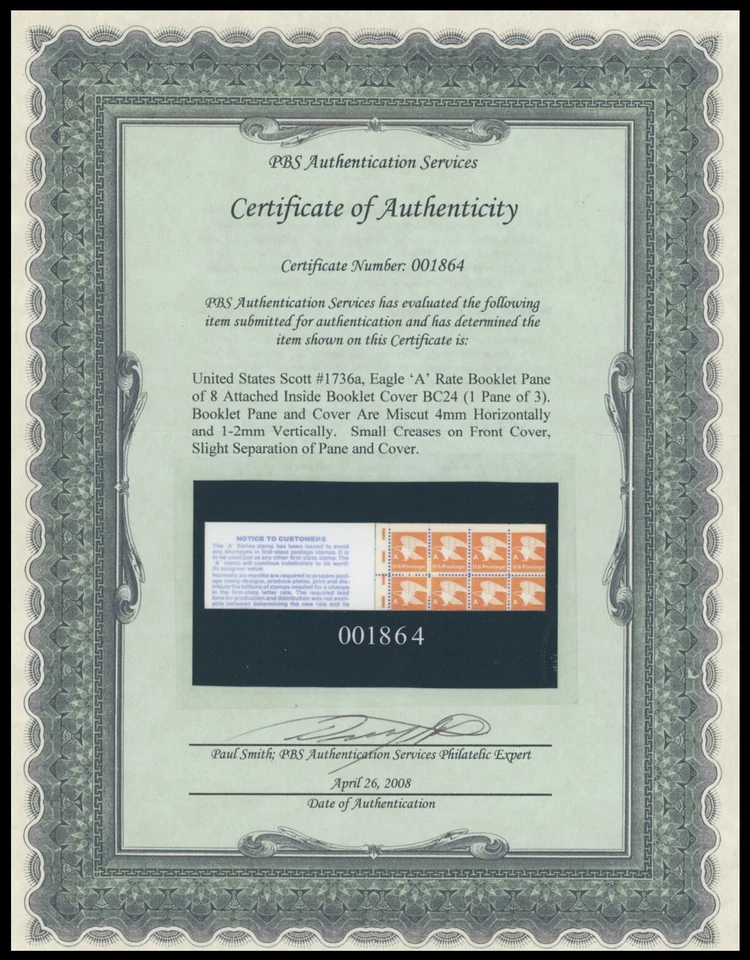 1978, EE. UU. EAGLE RATE A (15C) FOLLETO PANEL CON ERROR, CERTIFICADO, NH, SC. #1736a Foto 3 de 3