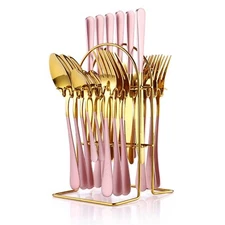 24PCS Gold Pink Silverware Set Stainless Flatware for 6 with Holder Included
