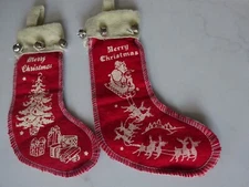 2  Vtg MINI Red Felt Merry Christmas stockings Jingle Bells Santa Reindeer Tree