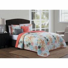 Coral Blue Coastal Beach Starfish 5pc Quilt Set Coverlet Twin Queen King Bedding