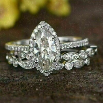 Ehering Trio-Set Marquise-Schliff 4 kt Diamant 14 kt Weißgold simulierte Größ...