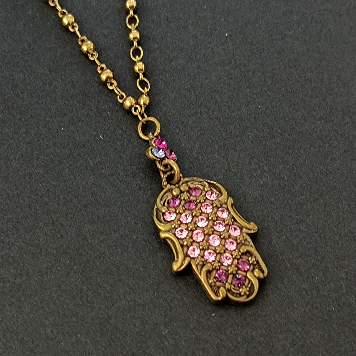 Michal Negrin Hamsa Necklace Pink Purple Crystals Hand of Fatima