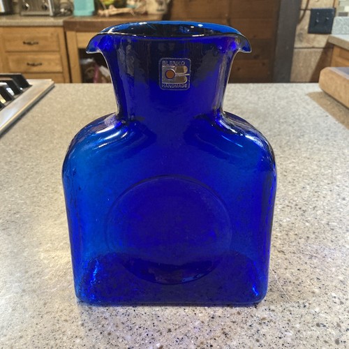 Blenko Cobalt Blue Water Bottle Double Spout Pitcher Vase Jug ~ORIGINAL LABEL
