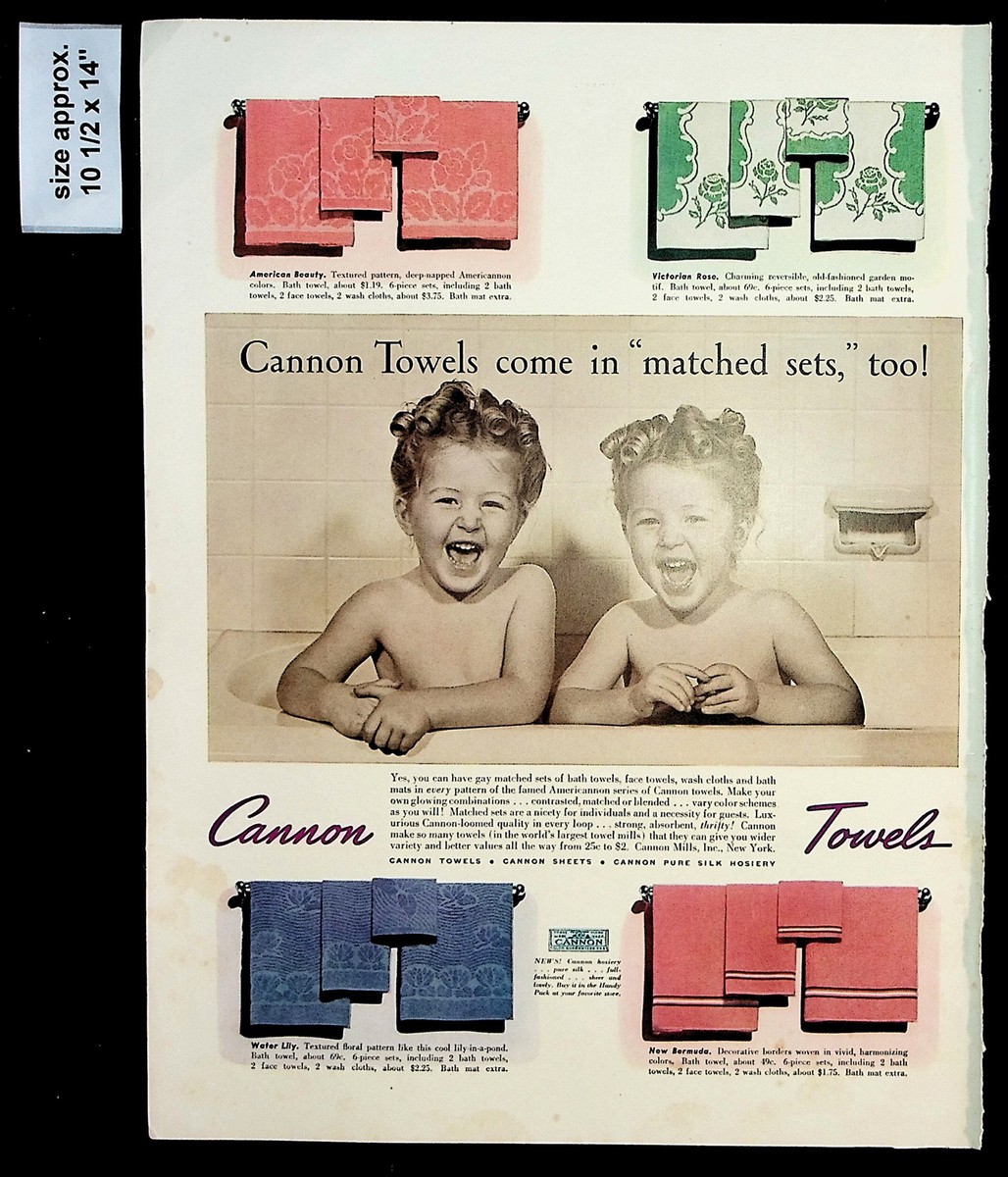 1940 Cannon Towels Matched Sets Baby Bathtub Home Vintage Print Ad