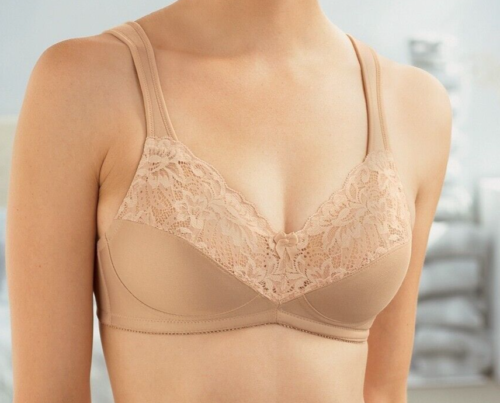 Glamorise ELEGANCE Lace Bra 50D FULL-COVERAGE Wireless CUSHIONED-STRAPS Nude NEW