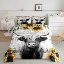 Highland Cattle Cow Bedding Set King for Boys Girls Sunflower Comforter Set W...