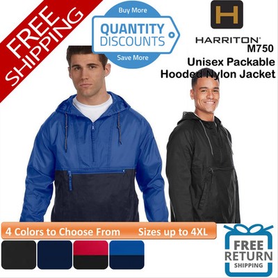   Harriton Men Packable Hooded Nylon Jacket pocket drawcord Up To 4XL M750