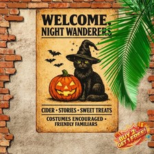 Witches Welcome Black Cat Inn Funny Halloween Metal Tin Sign Bar Decor