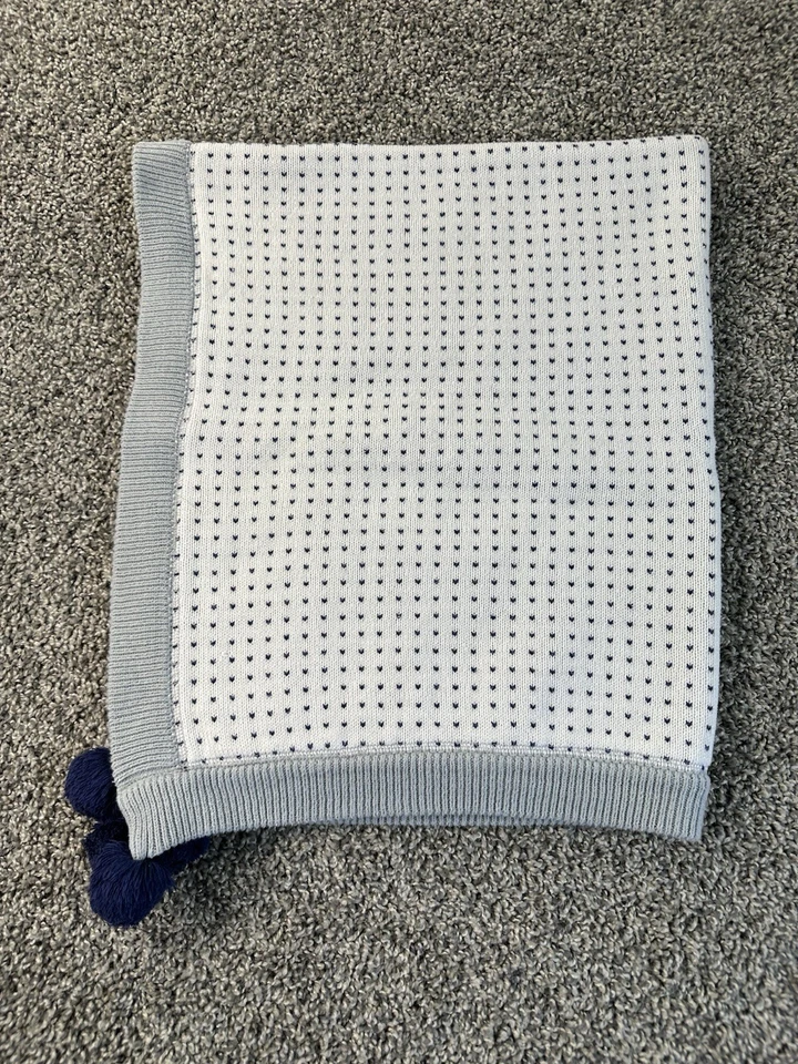 Pottery Barn Niños Bebé Pom Manta Azul Marino Gris Blanco Algodón Tejido Cochecito Foto 2 de 4