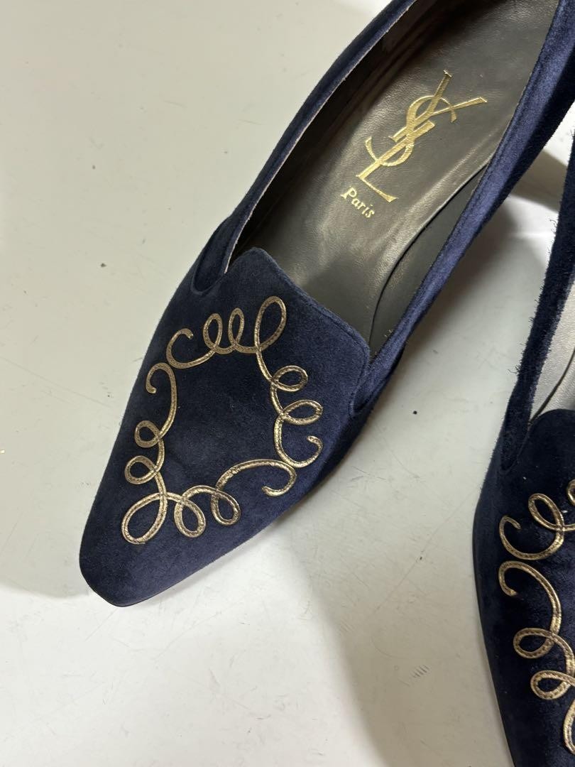 Saint Laurent decolte tacco YSL EU36 US6 blu navy scamosciato con ricamo