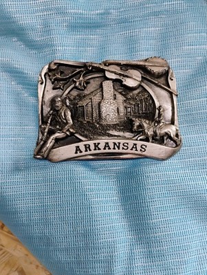 VTG Arkansas 3D Belt Buckle 1984 Siskiyou Petwer Cabin River Man Scene Woods