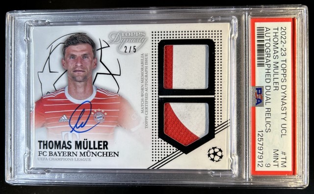 2022-23 Topps Dynasty UEFA Thomas Muller Auto Autograph Dual Patch #/5 PSA 9
