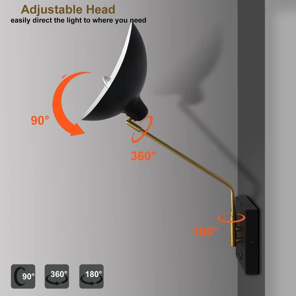 Aplique de pared enchufable CLAXY brazo oscilante luz de pared negro mate con puerto de carga USB... Foto 2 de 4