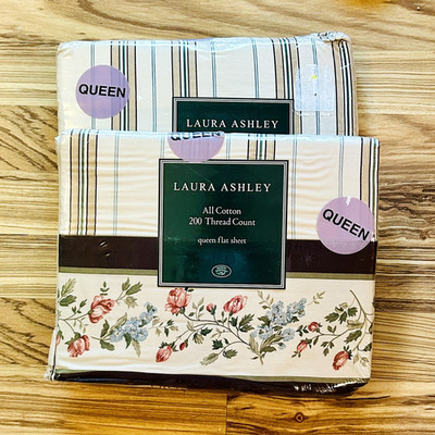 Vtg Laura Ashley Roses Pink Brown Stripe Fitted Top Sheet Set Queen Olivia Aub