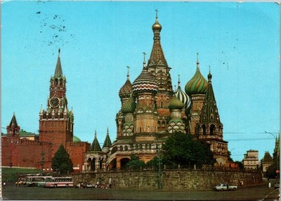 Postcard Russia Moscow St. Basil's Cathedral and Spasskaya Tower of the Kremlin