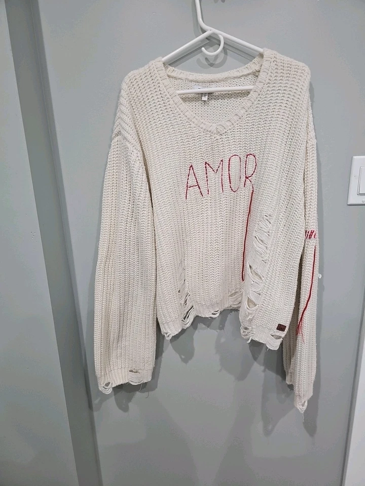 Peace Love World Destructed V Neck Sweater L .Beige Embroidered Distressed Women - Image 4 of 4