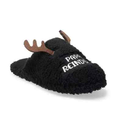 NWT Papa Reindeer Slippers w/ Antlers Men's Sz M 8-9 Black