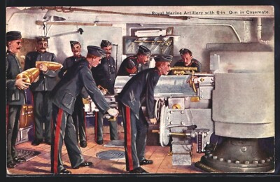 Künstler-AK Kriegsschiff, Royal Marine Artillery with 6-in Gun in Casemate 