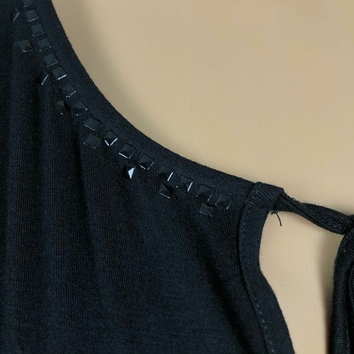 Smitten Shiny Studded Print Split Tie Neck Tunic Shirt XS Black Rayon Knit - Picture 3 of 9