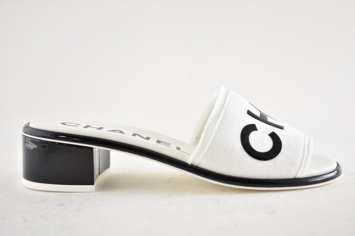 Chanel 24C White Black CHA NEL Letter Logo Mule Slide Block Heel
