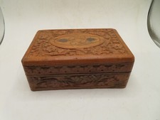 Vintage hand carved wooden trinket box, hinged lid, leaf top, blue lining 6 x4