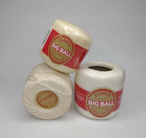 Clark's Big Ball 3 Cord Crochet Thread Lot Of 3 Skeins Cream & White