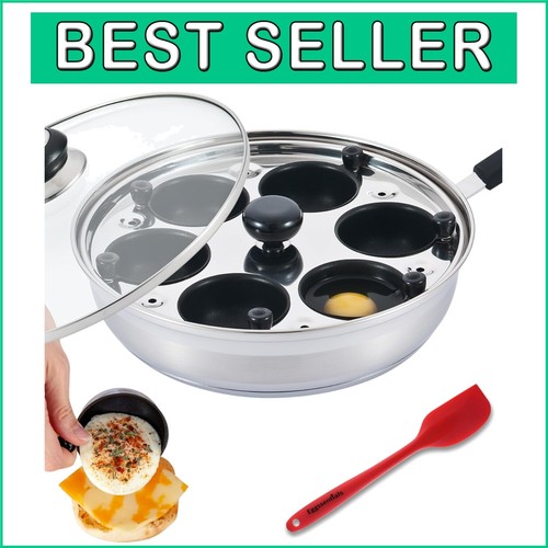 Effortless 6 Cup Nonstick Egg Poacher with Tempered Glass Lid & Spatula