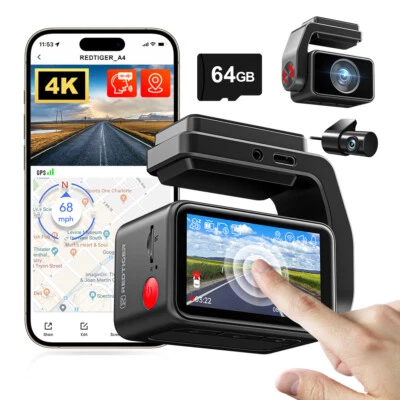 REDTIGER A4 4K Dashcam Front,2,2Zoll Mini Autokamera,64GB Karte, Eingebautes GPS