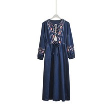 Lady Mexican Ethnic Embroidered Dress Big Swing Boho Maxi Cotton Retro New