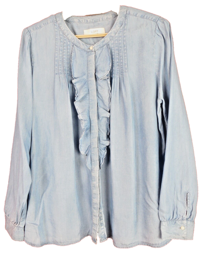 LOFT Damen dünne leichte weiche 100%Tencel Bluse Rüschenbesatz hell jeansblau L