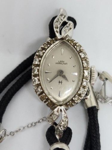 Vintage Hamilton Diamond & 14K White Gold With Black Cord Watch 5.75" MSRP $2000 - Picture 2 of 8
