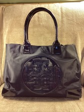 Tory Burch Black Nylon Patent Leather Tote Bag Weekender Beach Poolside Gym 